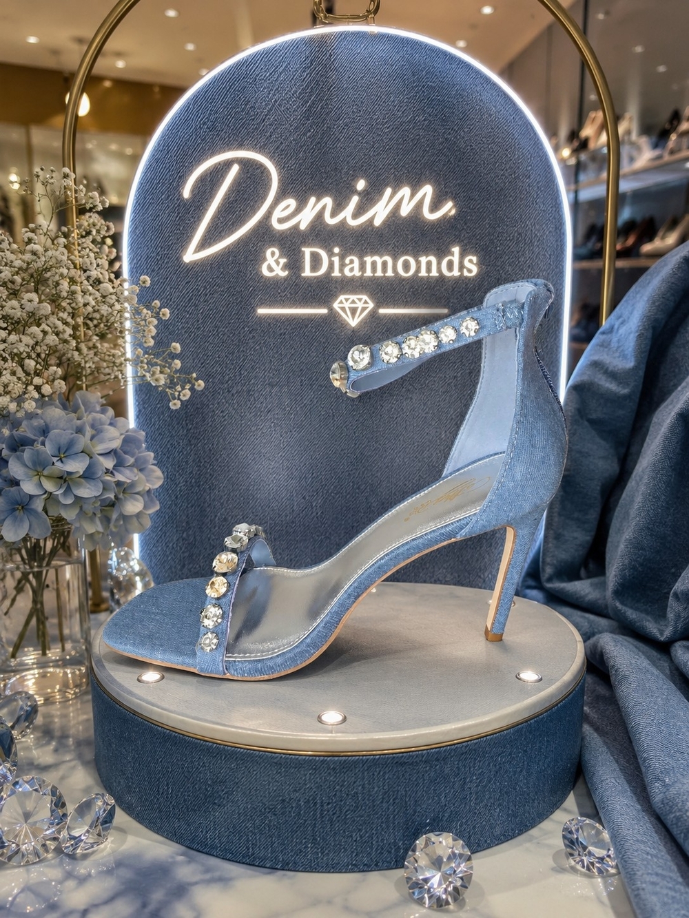 Denim Jeweled Ankle-Strap Stiletto Sandals